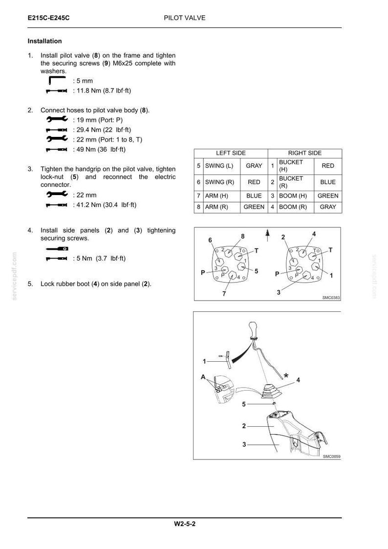 May include: Diagram of a pilot valve installation with labeled parts and torque specifications. Includes diagrams of the valve body, hoses, and side panels. Text includes measurements in inches and foot-pounds.