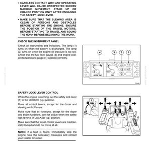 May include: A page from a machine operation manual with diagrams and text. The diagrams show the instrument panel and control levers. The text includes warnings and instructions for engine start-up and safety lock lever control.