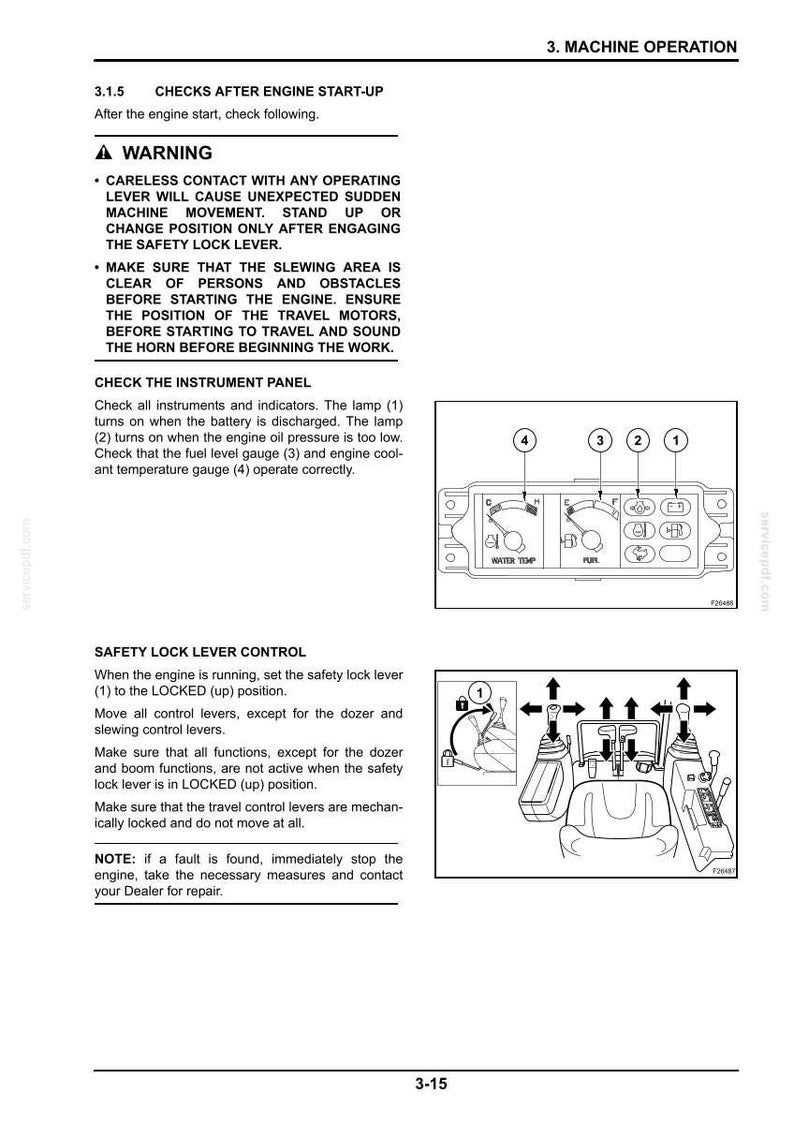 May include: A page from a machine operation manual with diagrams and text. The diagrams show the instrument panel and control levers. The text includes warnings and instructions for engine start-up and safety lock lever control.