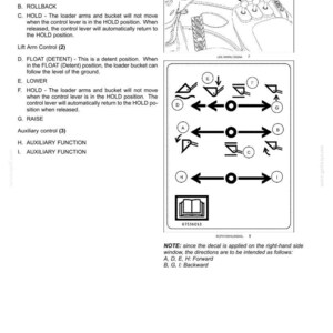 Op de afbeelding: Een pagina uit een technisch handboek getiteld 3-CONTROLS AND INSTRUMENTS met details over een driewegklep met drie bedieningshendels. Het bevat een diagram van de hendels, een stickerlay-out met de letters A tot en met I en instructies.