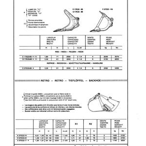 May include: Technical diagram of front loader and backhoe buckets, with measurements in inches and cubic yards. Includes specifications for capacity, width, teeth, and weight in pounds. The diagram is labeled with the brand name Poclain.