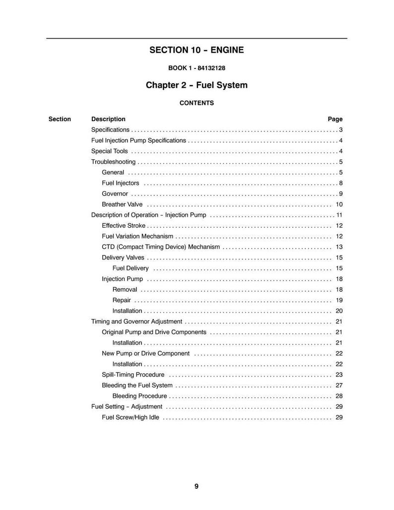 Pode incluir: Uma p&aacute;gina de um manual intitulada "SE&Ccedil;&Atilde;O 10 - MOTOR" com o cap&iacute;tulo "Sistema de Combust&iacute;vel". O &iacute;ndice inclui t&oacute;picos como "Injetores de Combust&iacute;vel", "Governador" e "Sangria do Sistema de Combust&iacute;vel". O n&uacute;mero da p&aacute;gina &eacute; 9.