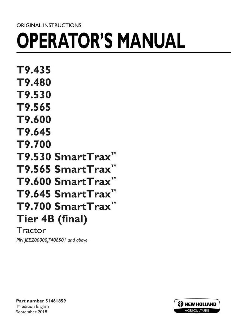 New Holland T9.435, T9.480, T9.530, T9.565, T9.600, T9.645, T9.700 SmartTrax Tier 4B (final) Tractor Operator Owners Manual | Pdf Download image 3