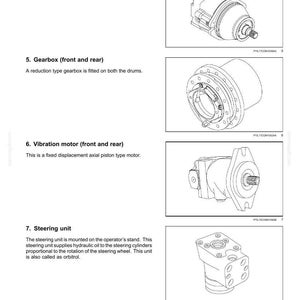 May include: Diagrams of mechanical components, including a travel motor, gearbox, vibration motor, and steering unit. Each component is labeled with its function and a brief description. The image is from a technical manual.