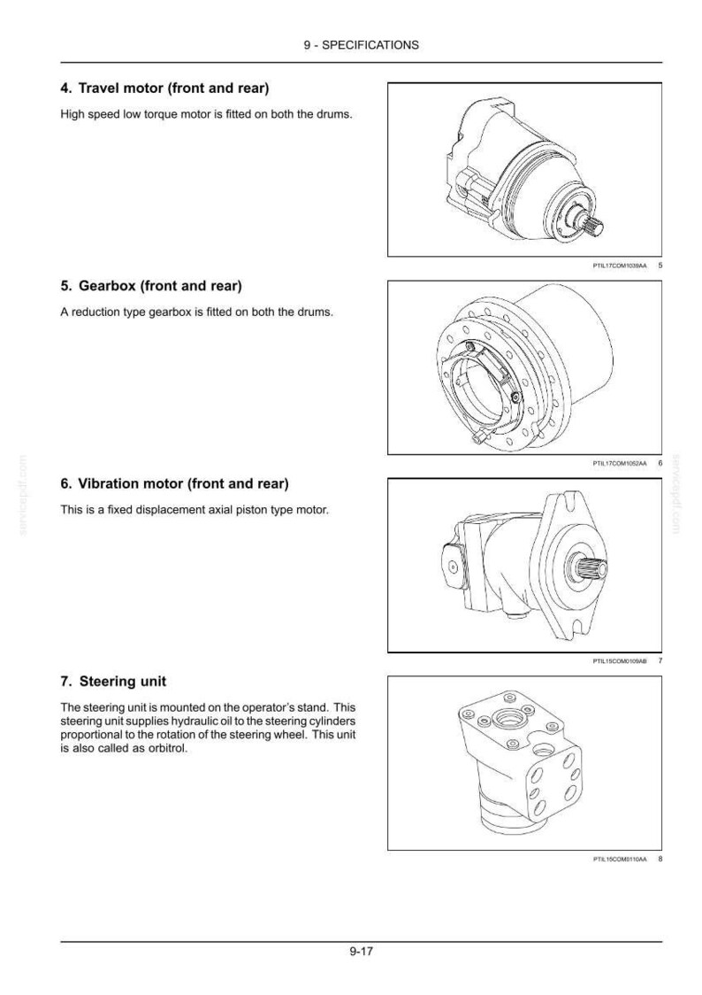 May include: Diagrams of mechanical components, including a travel motor, gearbox, vibration motor, and steering unit. Each component is labeled with its function and a brief description. The image is from a technical manual.