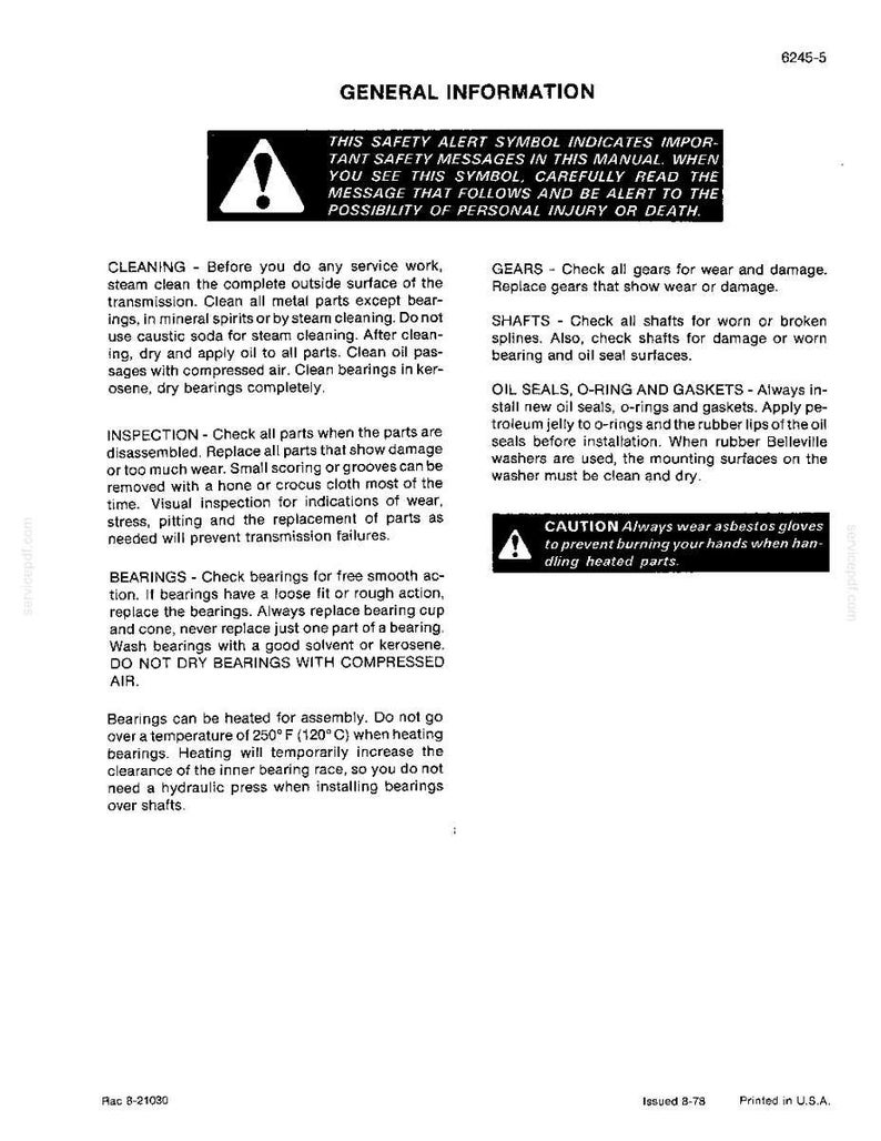 May include: A printed page from a manual with the title "GENERAL INFORMATION." The page contains safety warnings, instructions for cleaning, inspection, and assembly of mechanical parts. Includes a caution about asbestos gloves.