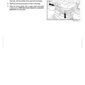 May include: A technical manual page titled 7 - MAINTENANCE Seat and seat belt. It includes instructions for cleaning and lubricating seat suspension and rails, featuring a black and white line drawing of a vehicle seat with arrows indicating parts.