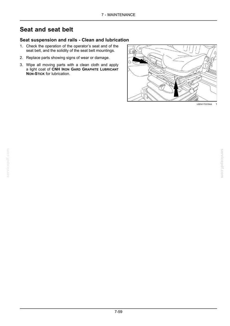 May include: A technical manual page titled 7 - MAINTENANCE Seat and seat belt. It includes instructions for cleaning and lubricating seat suspension and rails, featuring a black and white line drawing of a vehicle seat with arrows indicating parts.