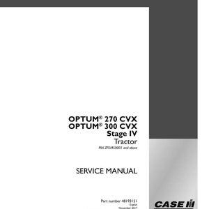 May include: A white service manual for OPTUM 270 CVX and OPTUM 300 CVX Stage IV tractors. The cover includes the text "SERVICE MANUAL" and the Case IH Agriculture logo. The part number is 48193151.