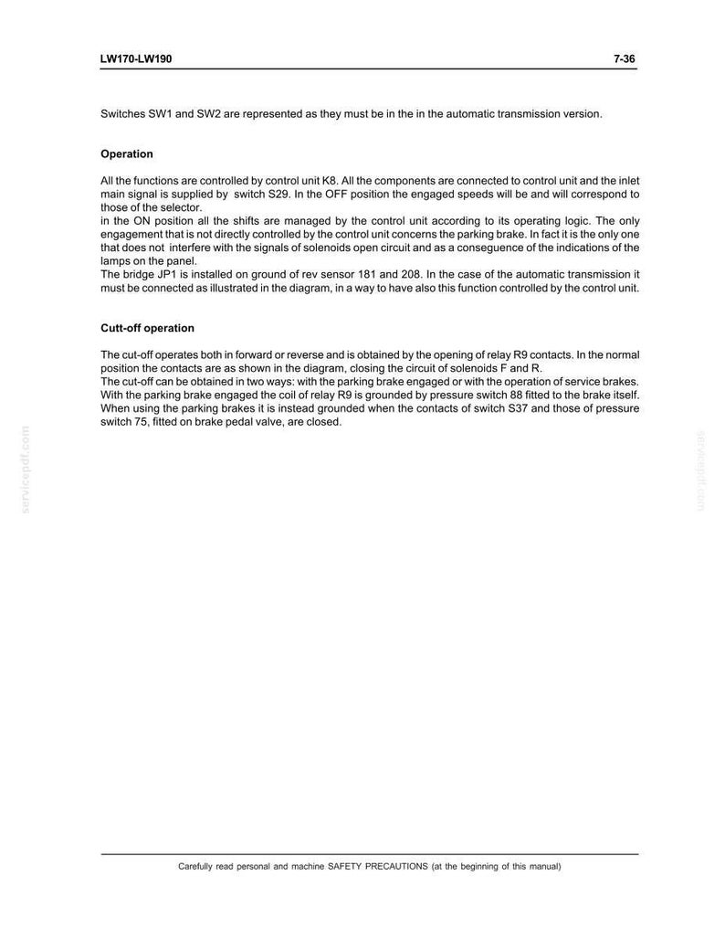 May include: A page from a manual with the title "LW170-LW190" and the number "7-36" in the top right corner. The text describes the operation of a vehicle's automatic transmission, including switches, control units, and cut-off operation.