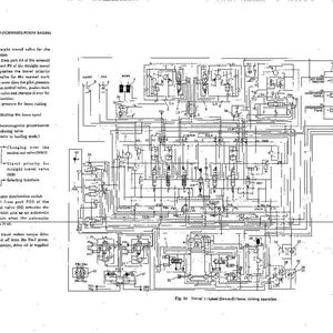 May include: A technical engineering schematic diagram in black and white detailing the 1-speed travel and boom raising operation. The document includes complex hydraulic circuit lines, valve symbols, and numbered components with explanatory text.