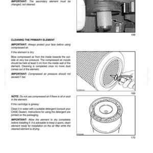 May include: Page from a manual detailing the cleaning of an air filter. The page includes diagrams and instructions for cleaning the primary element, including the use of compressed air. The text also provides warnings and notes.