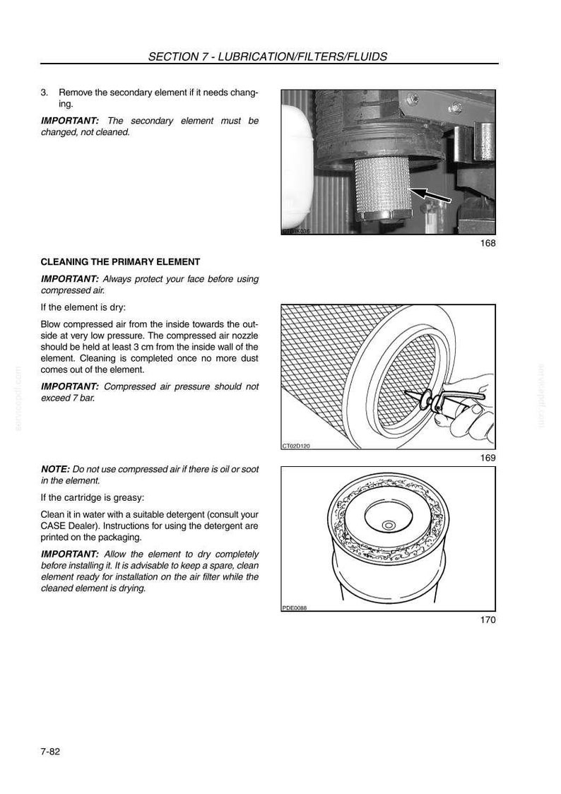 May include: Page from a manual detailing the cleaning of an air filter. The page includes diagrams and instructions for cleaning the primary element, including the use of compressed air. The text also provides warnings and notes.