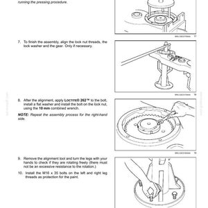 May include: Diagrams from a product manual, showing assembly steps for a machine. Includes close-up illustrations of parts, tools, and instructions. Text includes steps for alignment, applying Loctite, and installing bolts.