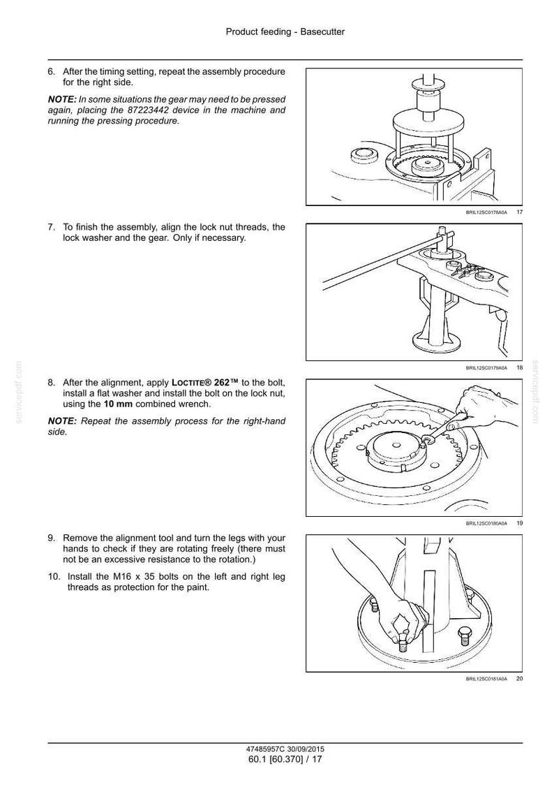 May include: Diagrams from a product manual, showing assembly steps for a machine. Includes close-up illustrations of parts, tools, and instructions. Text includes steps for alignment, applying Loctite, and installing bolts.