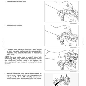 May include: Diagram of a steering hand pump assembly process. The image shows step-by-step instructions, including installing a new shaft noise seal, washers, and pump bracket bolts. The text includes torque specifications in foot-pounds.
