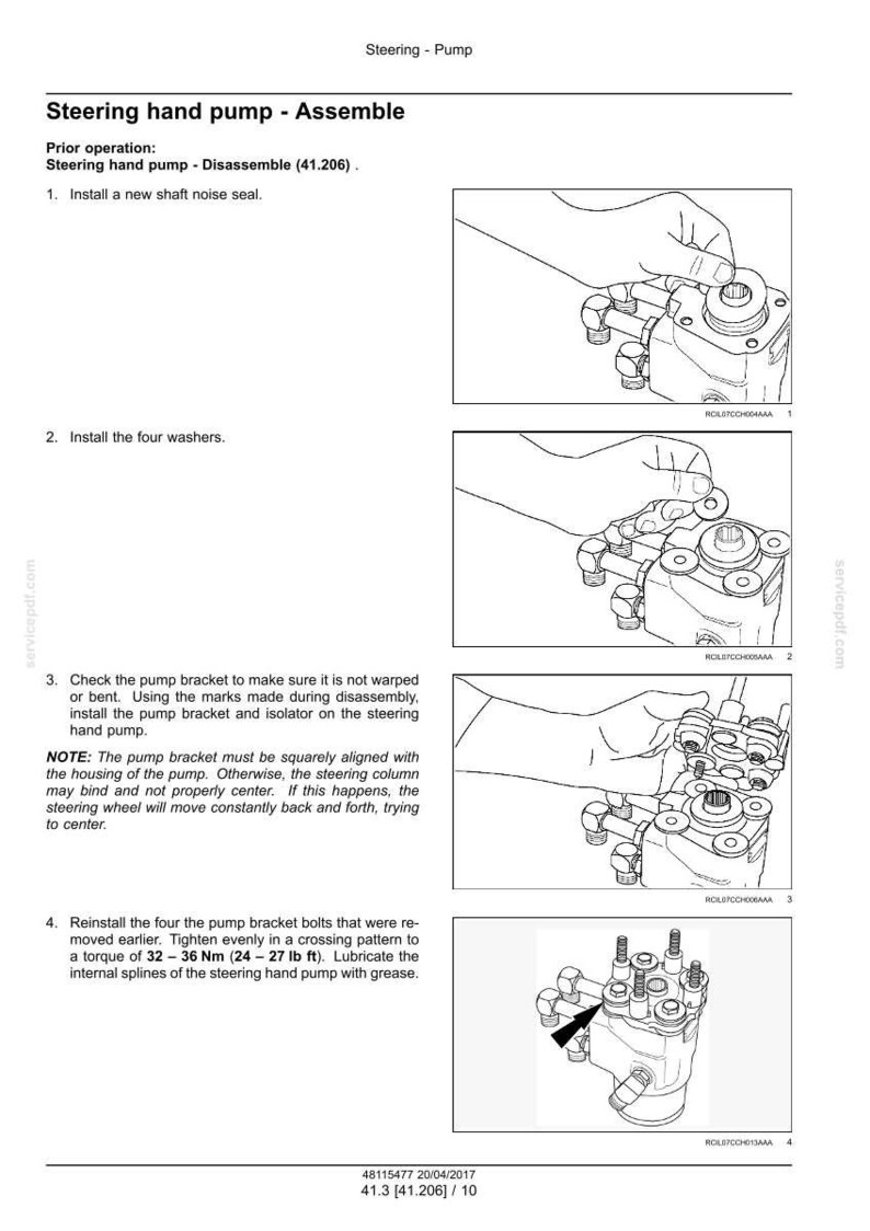 May include: Diagram of a steering hand pump assembly process. The image shows step-by-step instructions, including installing a new shaft noise seal, washers, and pump bracket bolts. The text includes torque specifications in foot-pounds.