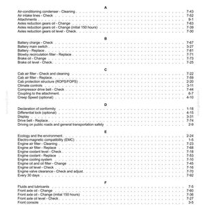 May include: An index page from a manual, with a white background and black text. The title "Index" is at the top. The page is organized alphabetically with various maintenance and component check listings.