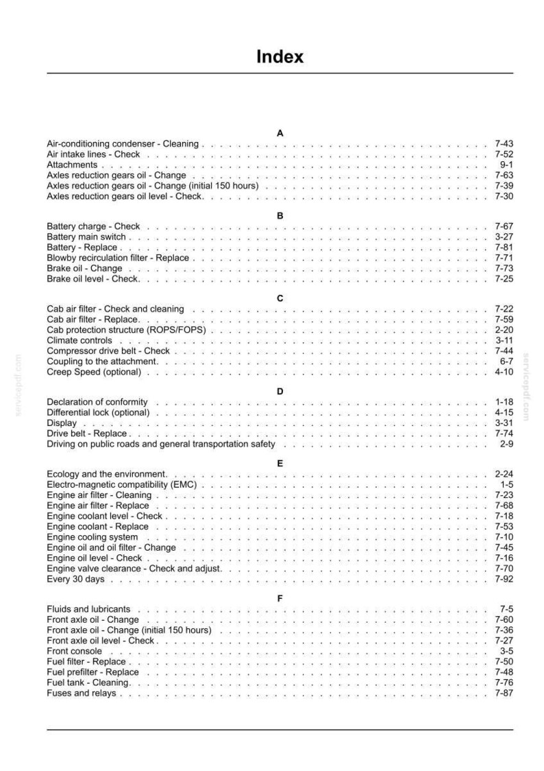 May include: An index page from a manual, with a white background and black text. The title "Index" is at the top. The page is organized alphabetically with various maintenance and component check listings.