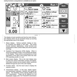 May include: A technical manual page titled Controls and Instruments showing an Armrest color display interface. The screen displays Run 1 data including date 02/27/2009, time 13:06, engine hours 147.1 h, battery voltage 12.2 V, speed 0.00 mph, and air brake pressure 73.66 psi.