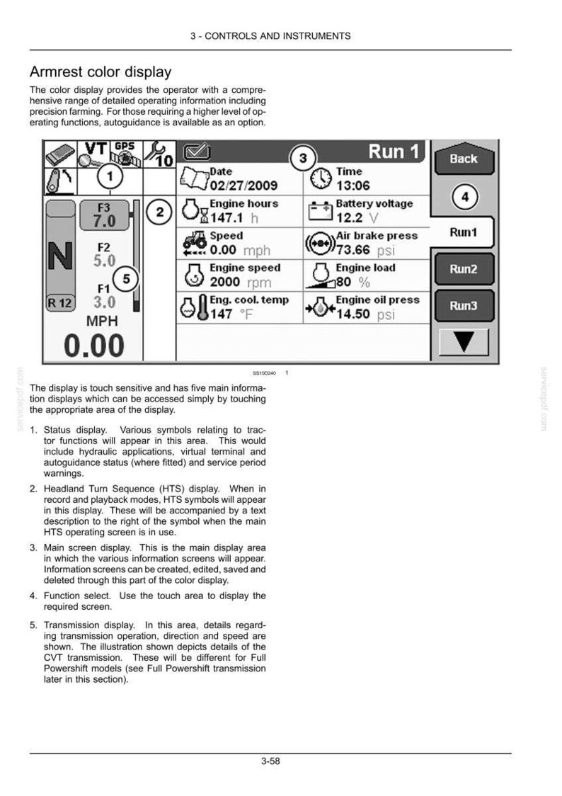 May include: A technical manual page titled Controls and Instruments showing an Armrest color display interface. The screen displays Run 1 data including date 02/27/2009, time 13:06, engine hours 147.1 h, battery voltage 12.2 V, speed 0.00 mph, and air brake pressure 73.66 psi.