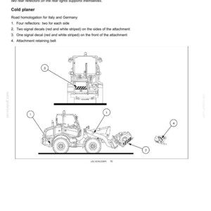 May include: A technical manual page titled 2-SAFETY INFORMATION featuring line drawings of a cold planer attachment on a construction vehicle. The diagram includes numbered callouts for four reflectors, two red and white striped signal decals, and an attachment retaining belt for road safety.