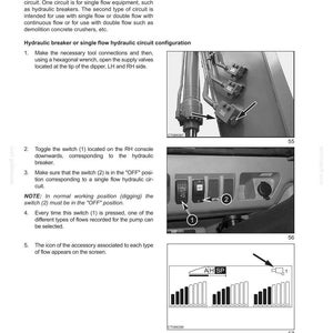 Pu&ograve; includere: Pagina di un manuale di istruzioni. La pagina include diagrammi e testo che spiegano i circuiti idraulici del martello demolitore e ad alto flusso. Mostra interruttori, diagrammi e il testo "SEZIONE 5 - ISTRUZIONI OPERATIVE."