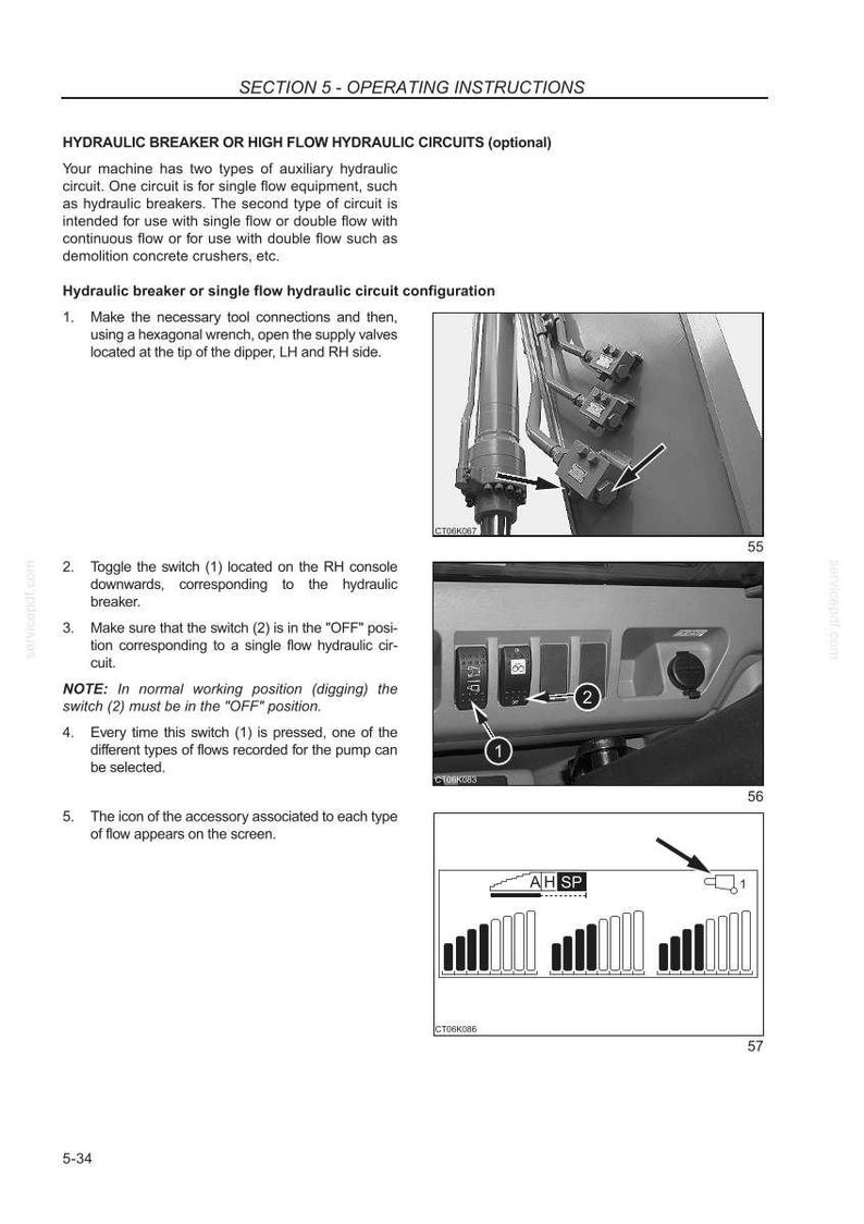 Pu&ograve; includere: Pagina di un manuale di istruzioni. La pagina include diagrammi e testo che spiegano i circuiti idraulici del martello demolitore e ad alto flusso. Mostra interruttori, diagrammi e il testo "SEZIONE 5 - ISTRUZIONI OPERATIVE."