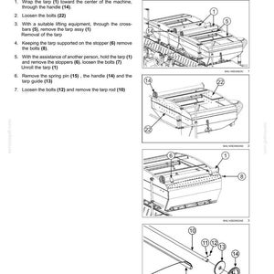 May include: Diagram illustrating the disassembly of a tank lid, with numbered components and instructions. Includes close-up views of parts like bolts, handles, and a tarp guide. The text reads "Tank Lid - Disassemble".