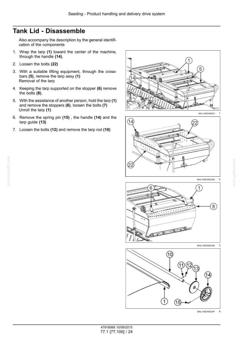 May include: Diagram illustrating the disassembly of a tank lid, with numbered components and instructions. Includes close-up views of parts like bolts, handles, and a tarp guide. The text reads "Tank Lid - Disassemble".