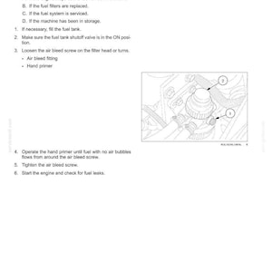 Puede incluir: Una p&aacute;gina de manual t&eacute;cnico titulada 7-MAINTENANCE, que detalla el procedimiento para eliminar el aire del sistema de combustible. Incluye una lista numerada de instrucciones y un dibujo lineal en blanco y negro que muestra un conjunto de filtro de combustible con las etiquetas 1 y 2.