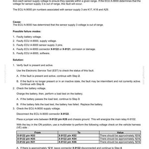 May include: A technical document detailing the 3285-ECU internal failure, specifically sensor 5 volt supply 3. Includes context, possible failure modes, and a solution with steps. Contains a table with voltage checks.