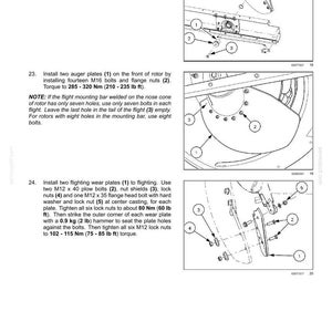 May include: Diagram of a threshing rotor assembly with numbered parts and torque specifications. Includes bolts, plates, and nuts. Text includes instructions for installation and tightening, with measurements in lb ft.