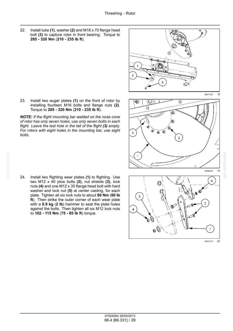 May include: Diagram of a threshing rotor assembly with numbered parts and torque specifications. Includes bolts, plates, and nuts. Text includes instructions for installation and tightening, with measurements in lb ft.