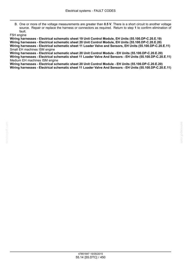 May include: A document titled "Electrical systems - FAULT CODES" with troubleshooting steps and wiring harness details for an F5H engine. Includes text about voltage measurements and short circuits.