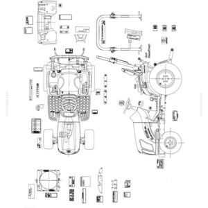 Puede incluir: Un dibujo t&eacute;cnico de l&iacute;neas que muestra una vista superior y lateral de un tractor con varios componentes individuales, calcoman&iacute;as de seguridad y piezas mec&aacute;nicas dispuestas alrededor de las ilustraciones principales, numerado 76080418 y 0-17.