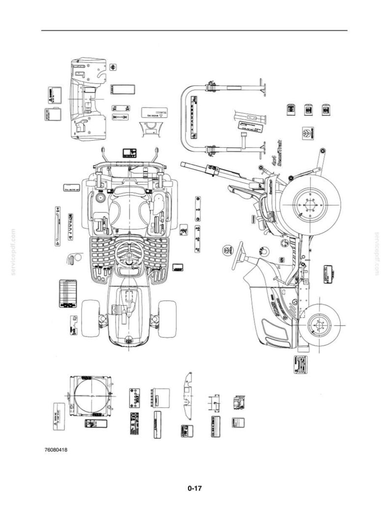 Puede incluir: Un dibujo t&eacute;cnico de l&iacute;neas que muestra una vista superior y lateral de un tractor con varios componentes individuales, calcoman&iacute;as de seguridad y piezas mec&aacute;nicas dispuestas alrededor de las ilustraciones principales, numerado 76080418 y 0-17.