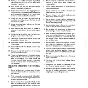 May include: A printed page from a manual with safety instructions for vehicle maintenance. The text is black on a white background, with headings and numbered lists detailing safety precautions to prevent injury.