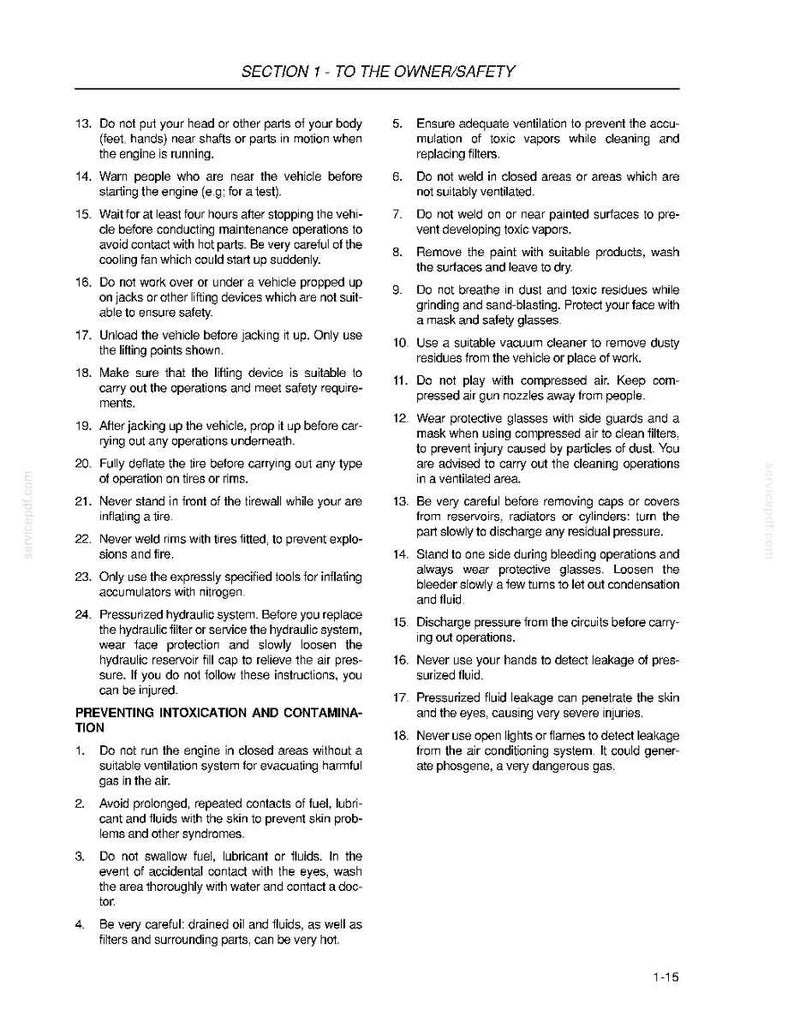 May include: A printed page from a manual with safety instructions for vehicle maintenance. The text is black on a white background, with headings and numbered lists detailing safety precautions to prevent injury.