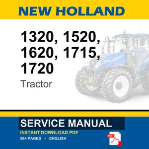 Op de afbeelding: Afbeelding van een blauw-witte New Holland tractor. De afbeelding bevat de tekst "NEW HOLLAND" bovenaan en de modelnummers van de tractor 1320, 1520, 1620, 1715 en 1720. De onderkant van de afbeelding leest "SERVICE MANUAL".