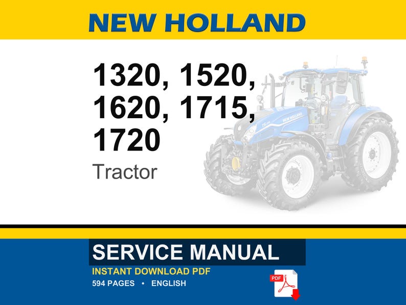 Op de afbeelding: Afbeelding van een blauw-witte New Holland tractor. De afbeelding bevat de tekst "NEW HOLLAND" bovenaan en de modelnummers van de tractor 1320, 1520, 1620, 1715 en 1720. De onderkant van de afbeelding leest "SERVICE MANUAL".