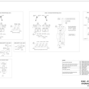 May include: A detailed hydraulic schematic for an E26C - E30C excavator, featuring various diagrams and component layouts. The diagrams include proportional RCV, safety locks, and quick coupler configurations. The schematic is labeled with a legend and part numbers.