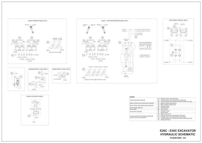 May include: A detailed hydraulic schematic for an E26C - E30C excavator, featuring various diagrams and component layouts. The diagrams include proportional RCV, safety locks, and quick coupler configurations. The schematic is labeled with a legend and part numbers.