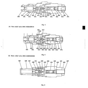 May include: A technical engineering diagram showing three hydraulic valve assemblies labeled as Travel relief valve (602) KRS10EK32, Port relief valve (604) KRS10EK70, and Main relief valve (601) KRM15EK20, featuring numbered components and cross-section views.