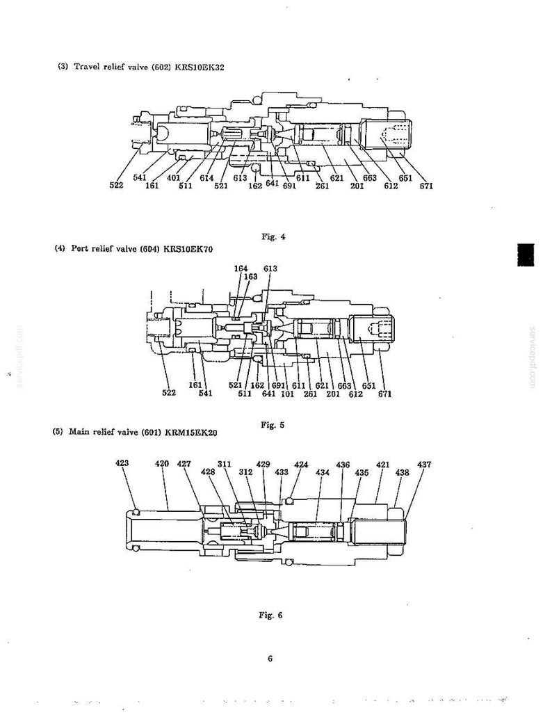 May include: A technical engineering diagram showing three hydraulic valve assemblies labeled as Travel relief valve (602) KRS10EK32, Port relief valve (604) KRS10EK70, and Main relief valve (601) KRM15EK20, featuring numbered components and cross-section views.
