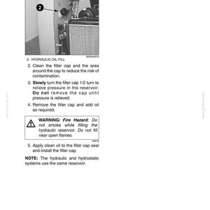 May include: Diagram of hydraulic oil fill procedure. Text includes instructions to clean the filler cap, relieve pressure, and add oil. A warning about fire hazard is also present.