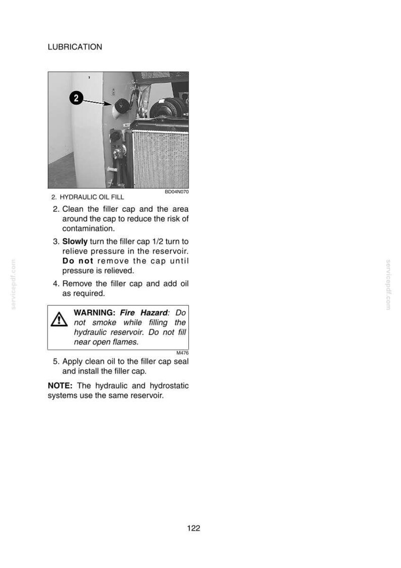 May include: Diagram of hydraulic oil fill procedure. Text includes instructions to clean the filler cap, relieve pressure, and add oil. A warning about fire hazard is also present.