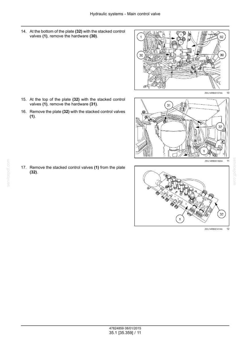 May include: Diagram of hydraulic systems main control valve components. The image shows detailed illustrations of the plate (32) with stacked control valves (1), and hardware (30, 31). The diagrams are labeled with numbers for reference.