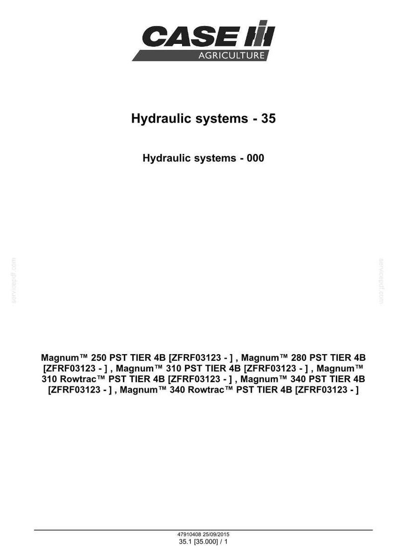 May include: White document with the Case IH Agriculture logo and text detailing hydraulic systems. Lists Magnum PST TIER 4B models and their specifications. Includes model numbers and other technical details.
