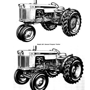 Pode incluir: Ilustra&ccedil;&atilde;o a preto e branco de dois tratores Case 630. O trator superior &eacute; um modelo de uso geral, e o inferior &eacute; um tipo utilit&aacute;rio de 4 rodas. A imagem inclui o texto "GROUP A - GENERAL INFORMATION AND TRACTOR SPLITTING".